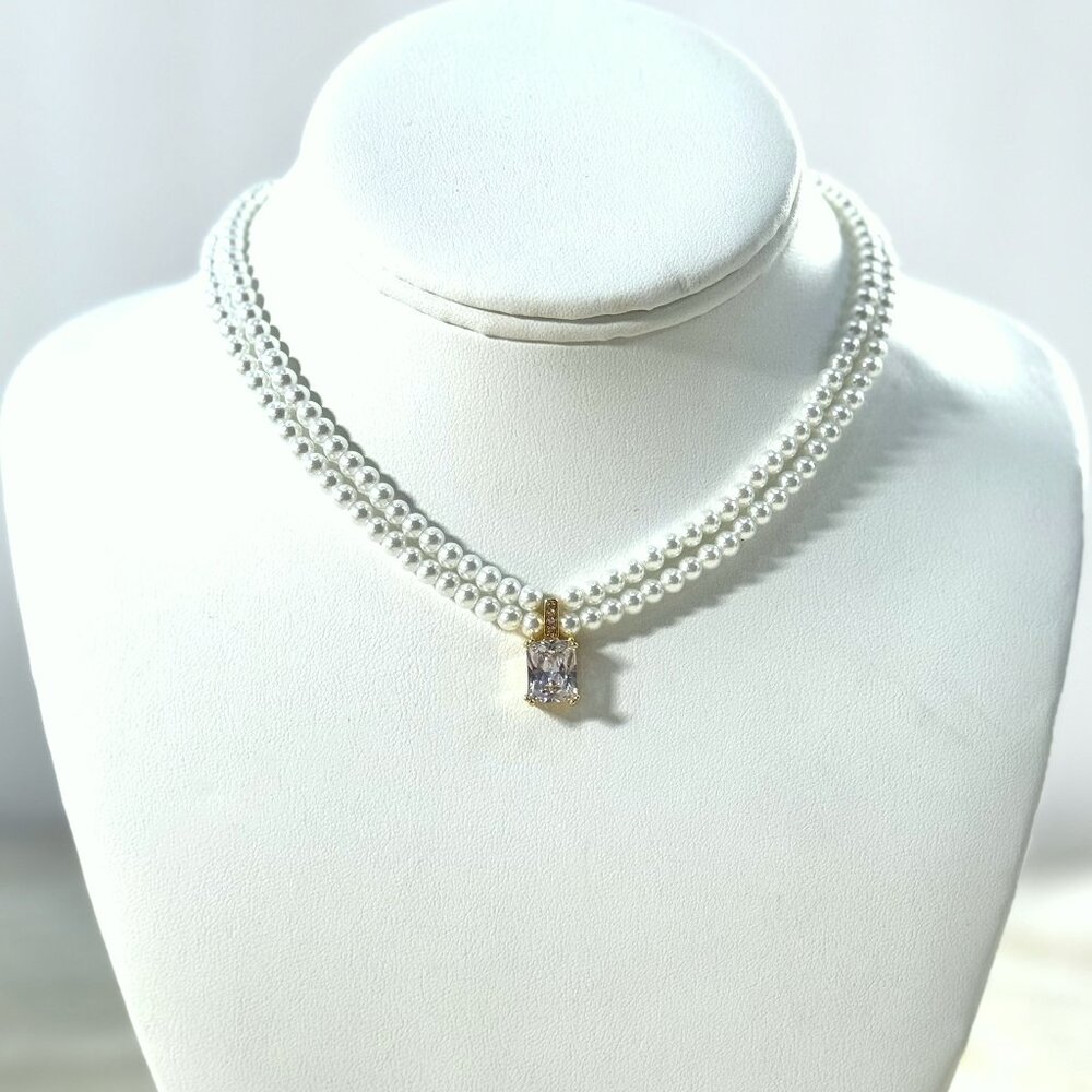 Swarovski Pearls 2 row  Wedding Necklace, With CZ Delicat Pendant Handmade